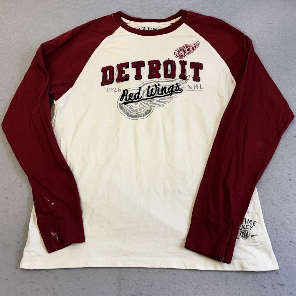 Vtg Old Time Hockey Detroit Red Wings Mens L Burgundy Raglan NHL Single Stitch